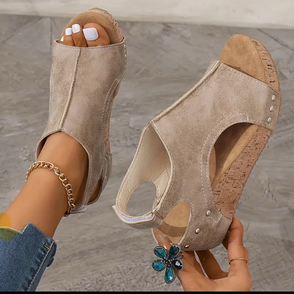 Shoes - Stylish Beige Peep-Toe Wedge Sandals